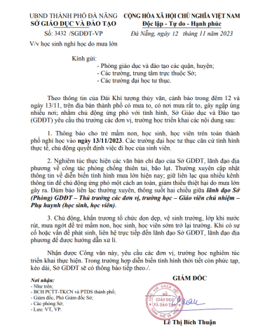 Thông báo học sinh nghỉ học ngày 13/11/2023 do mưa lớn