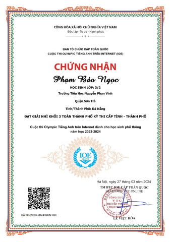 Kết quả IOE cấp thành phố trường Tiểu học Nguyễn Phan Vinh năm học 2023 - 2024