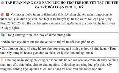 TẬP HUẤN NÂNG CAO NĂNG LỰC HỖ TRỢ TRẺ KHUYẾT TẬT TRÍ TUỆ VÀ TRẺ RỐI LOẠN PHỔ TỰ KỶ