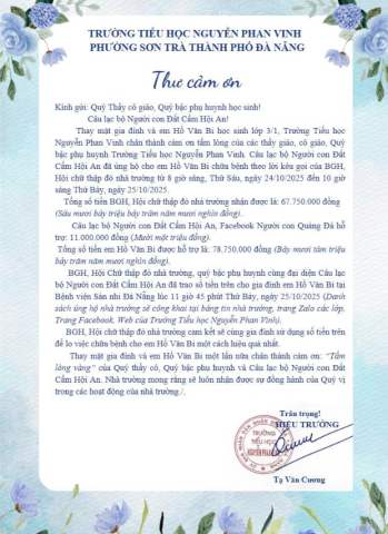 💙 TRƯỜNG TIỂU HỌC NGUYỄN PHAN VINH TỔ CHỨC TRAO HỖ TRỢ CHO HỌC SINH HỒ VĂN BI CHỮA BỆNH