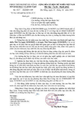 CÔNG VĂN CHO HỌC SINH NGHỈ HỌC DO BÃO SỐ 12