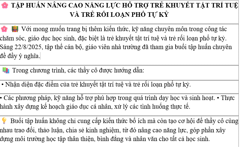 TẬP HUẤN NÂNG CAO NĂNG LỰC HỖ TRỢ TRẺ KHUYẾT TẬT TRÍ TUỆ VÀ TRẺ RỐI LOẠN PHỔ TỰ KỶ