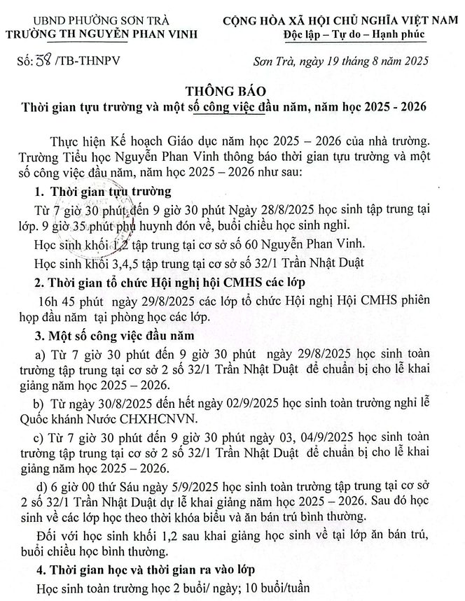Thời gian tựu trường và một số công việc đầu năm, năm học 2025-2026