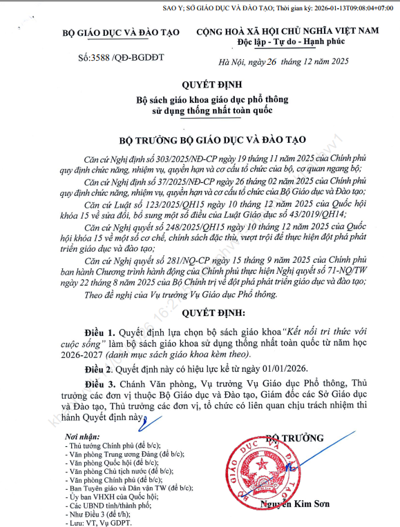 QUYẾT ĐỊNH BỘ SÁCH GIÁO KHOA  GIÁO DỤC PHỔ THÔNG SỬ DỤNG THỐNG NHẤT TOÀN QUỐC